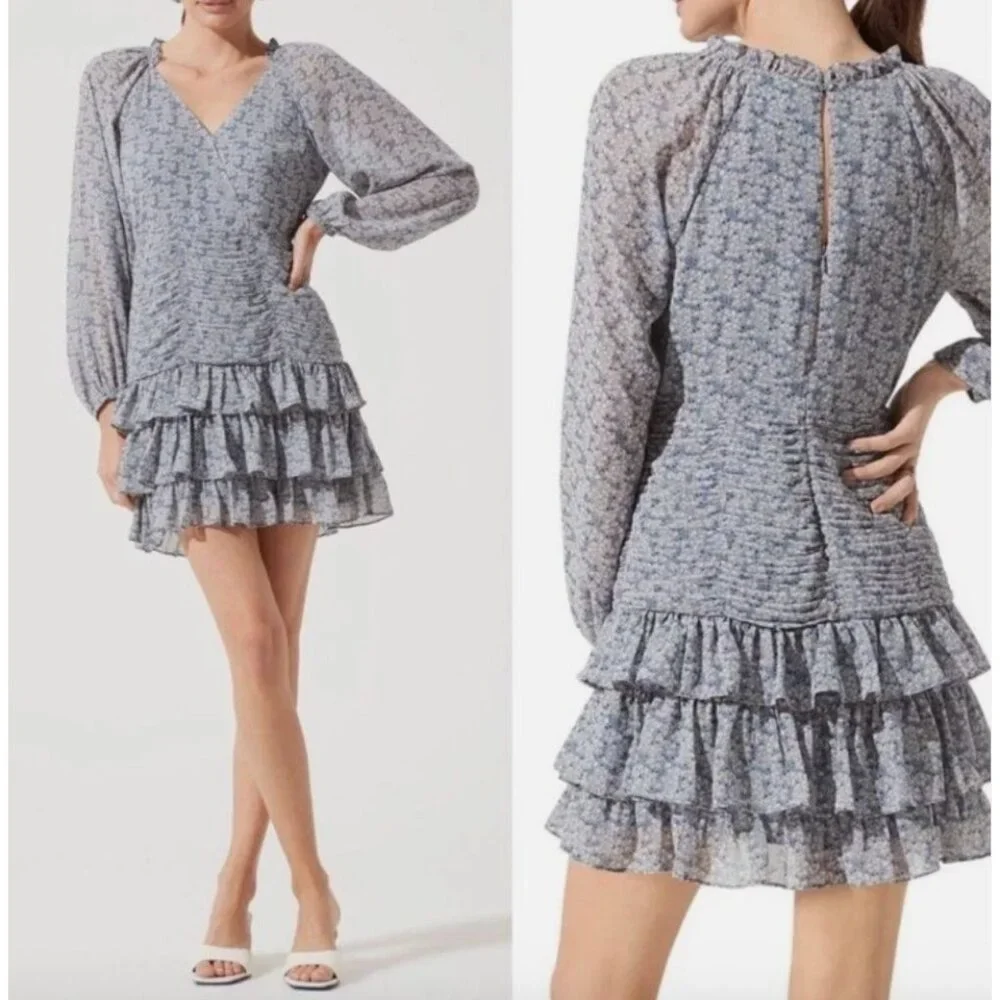 ASTR The Label Blue Floral Long Sleeve Ruffled Mini Dress Women's LARGE - Picture 9 of 11